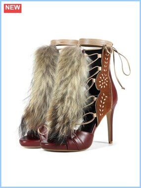 Handmade Stiletto Ankle High Heeled Sandal Suede Furry Fluffy Plush Women Shoes